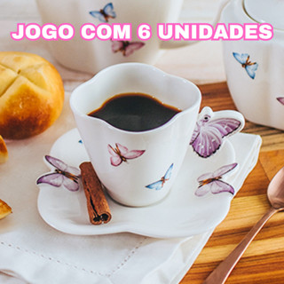 Kit Jogo 6 Xícaras 100ml com 6 Píres Café Porcelana Borboletas Butterfly Borboletinha Wolf...