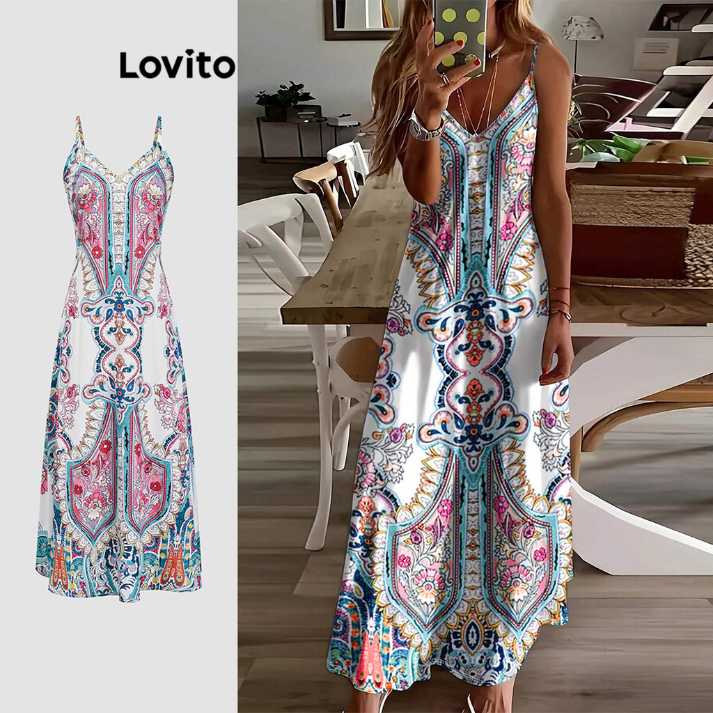 (Trendy) Lovito Vestido Boho Com Estampa Tribal Para Mulheres LBL18248 em Oferta na Shopee
