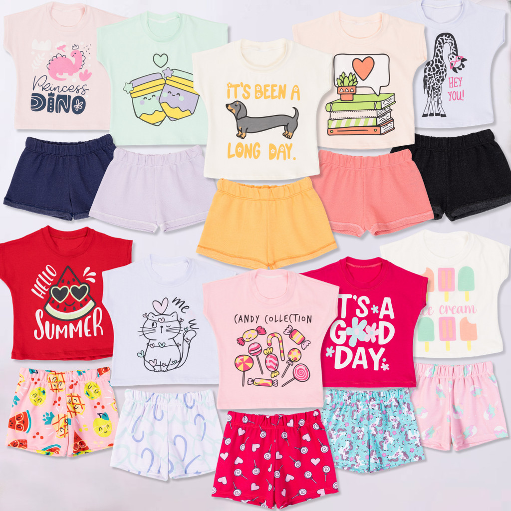 Kit 10 Peças Roupa Infantil Verão Menina - 5 Conjunto Regata Calor Moletinho Criança e Bebe Feminino 5 Camiseta 5 Short