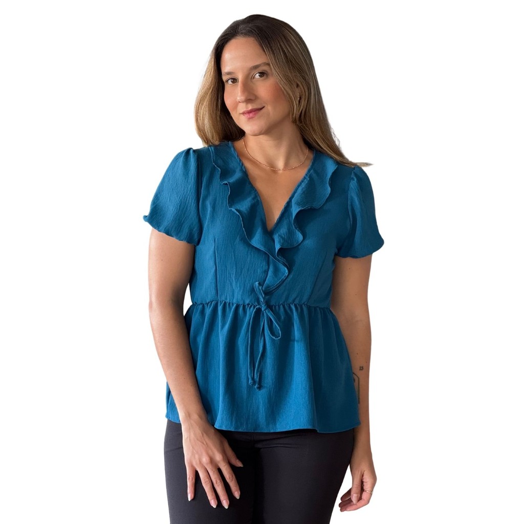 Blusa Feminina Babado Converge Estilo Bata Com Manga Curta Casual Decote V Com Laço