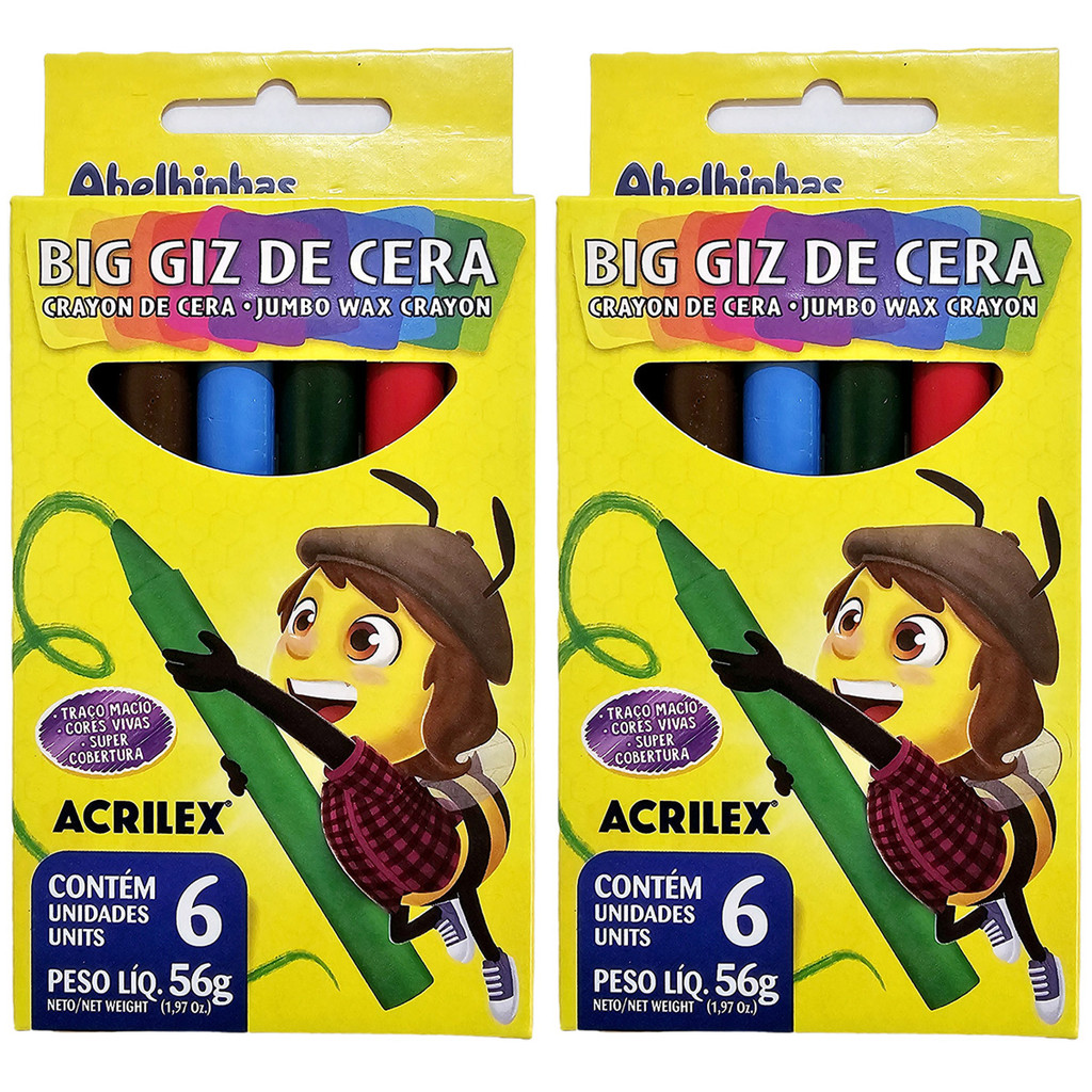 Giz De Cera Jumbo Acrilex Big Giz Atóxico Macio Infantil Escolar 06 Cores Kit C/ 2