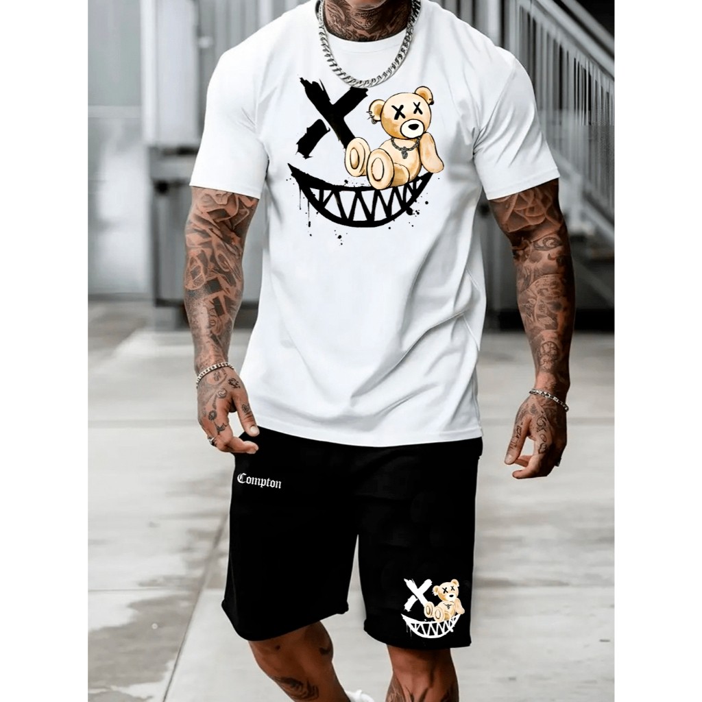 Conjunto Masculino Camiseta Masculina Streetwear + Bermuda Moletom Estampada Envio Imediato