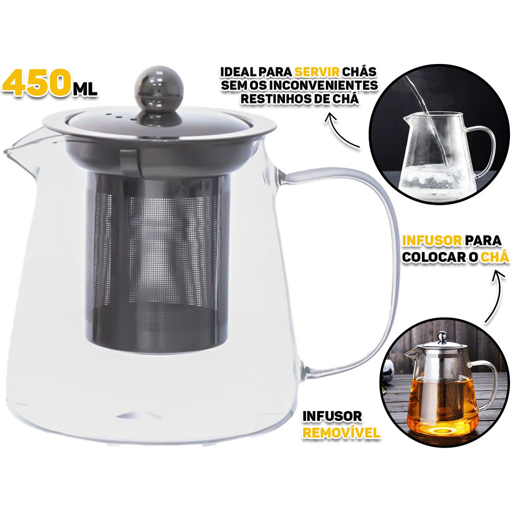 Chaleira Com Infusor Removível Aço Inox Bule Em Vidro Para Café Chás Resistente Ao Calor 450ml em Oferta na Shopee