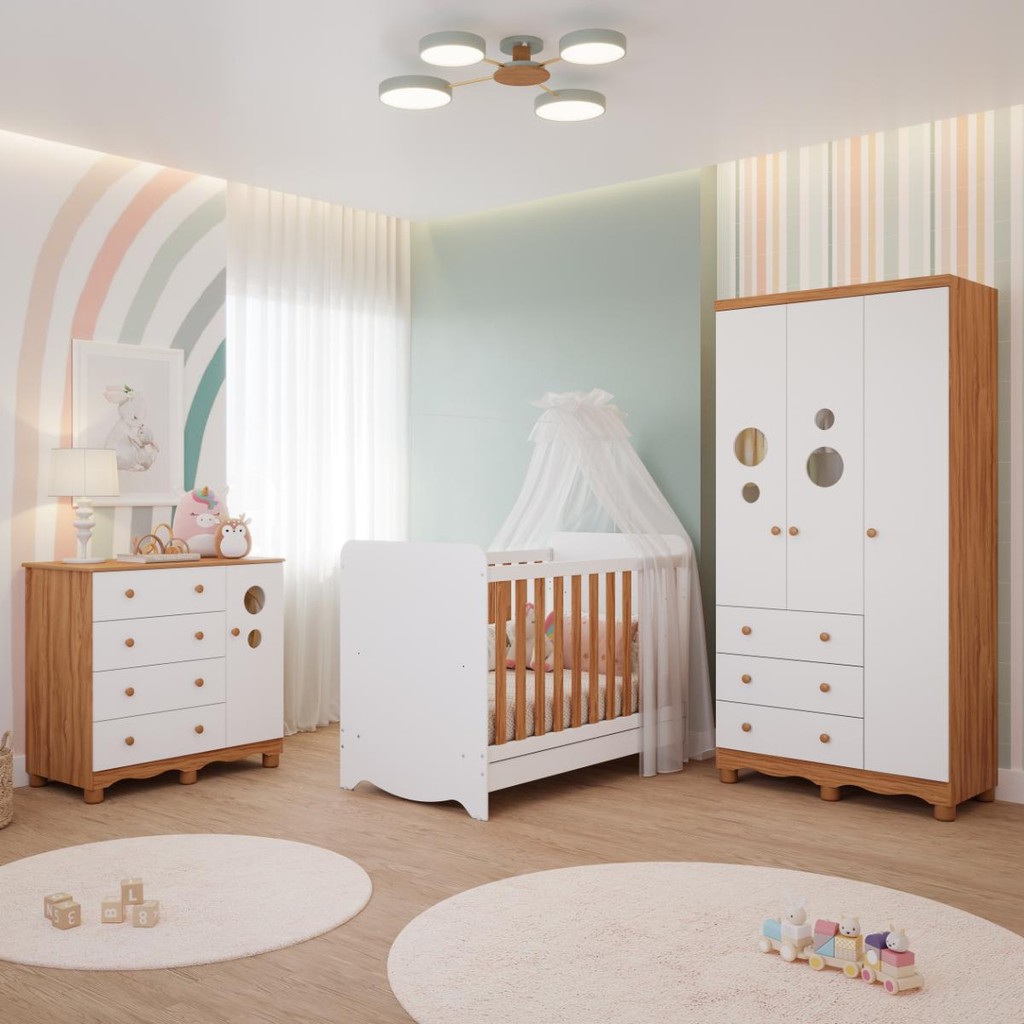 Quarto Bebê Completo Berço Americano Bem 3 em 1 Guarda Roupas 3 Portas Cômoda Bolinha 100% MDF em Oferta na Shopee