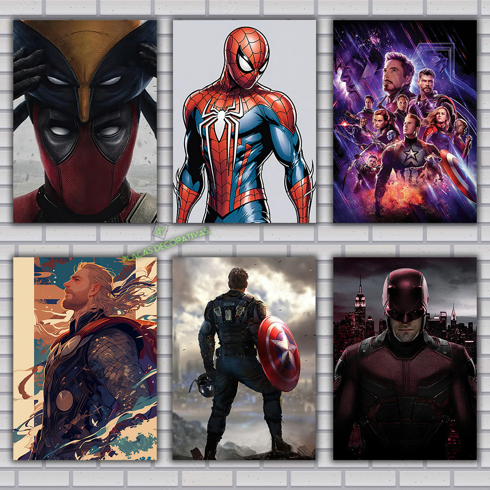 Placas Decorativas Quadros Marvel 16 a 30 - Heróis Marvel Capitão América Homem de Ferro Thor Demolidor Vingadores