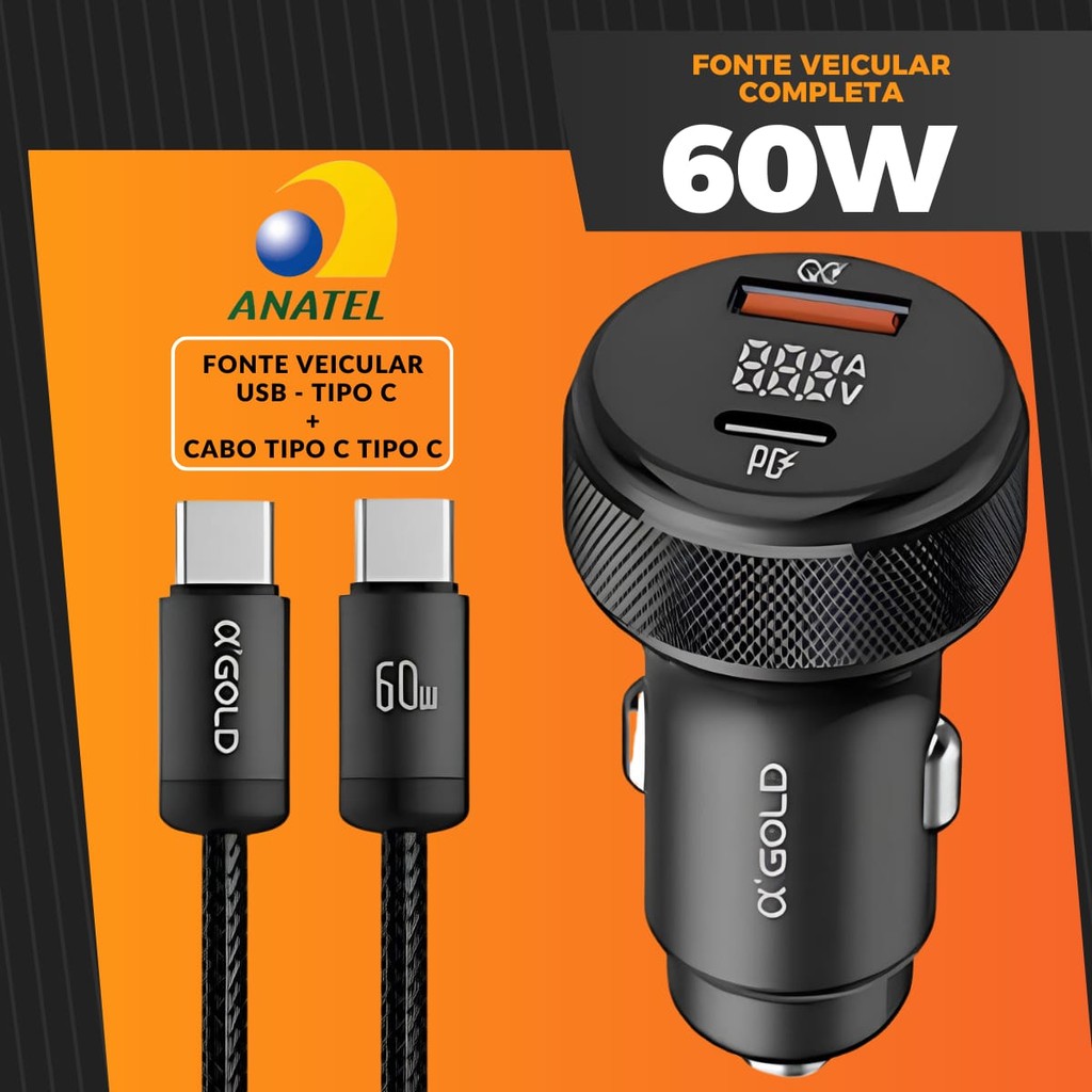 Carregador Veicular Turbo com 60W Entradas USB e Tipo C com ou sem Cabo Fonte Carro Automotivo
