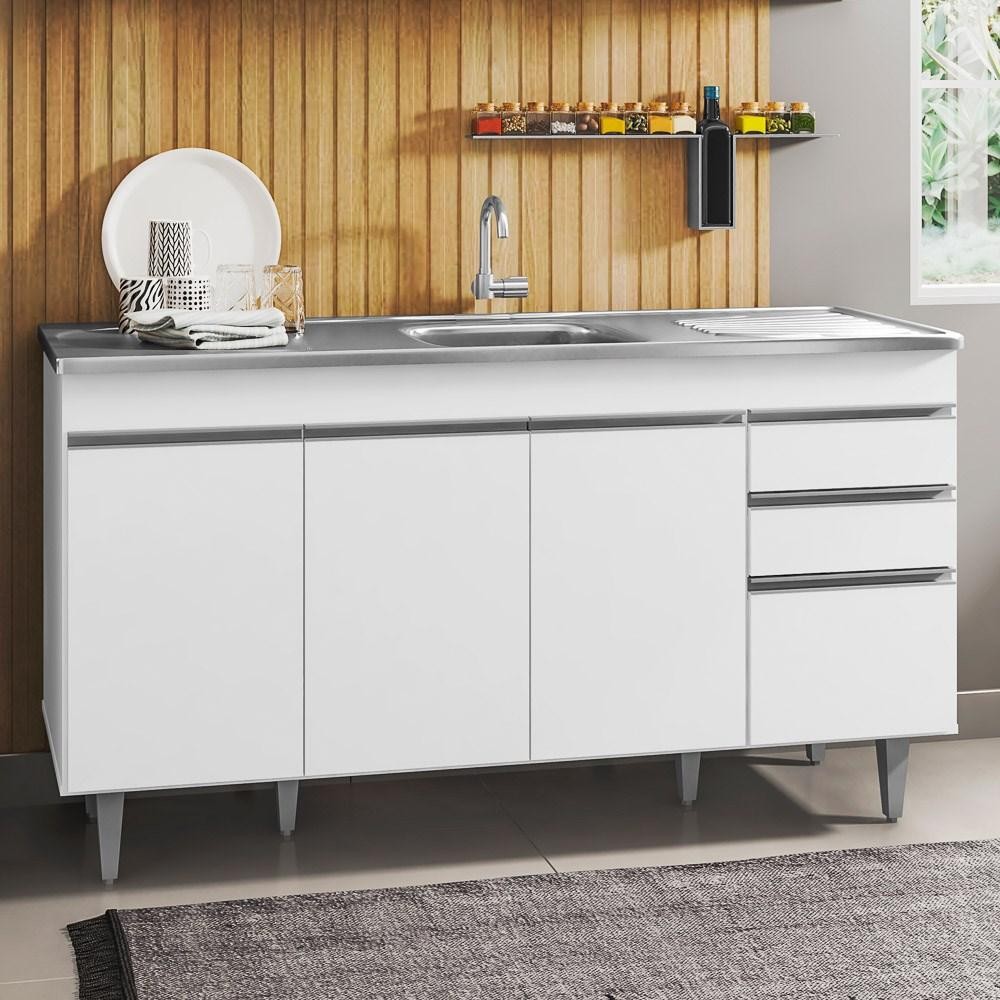 Balcão Gabinete com Pia Inox 150cm 4 Portas 2 Gavetas Marrocos Branco - Lumil - Home & Living