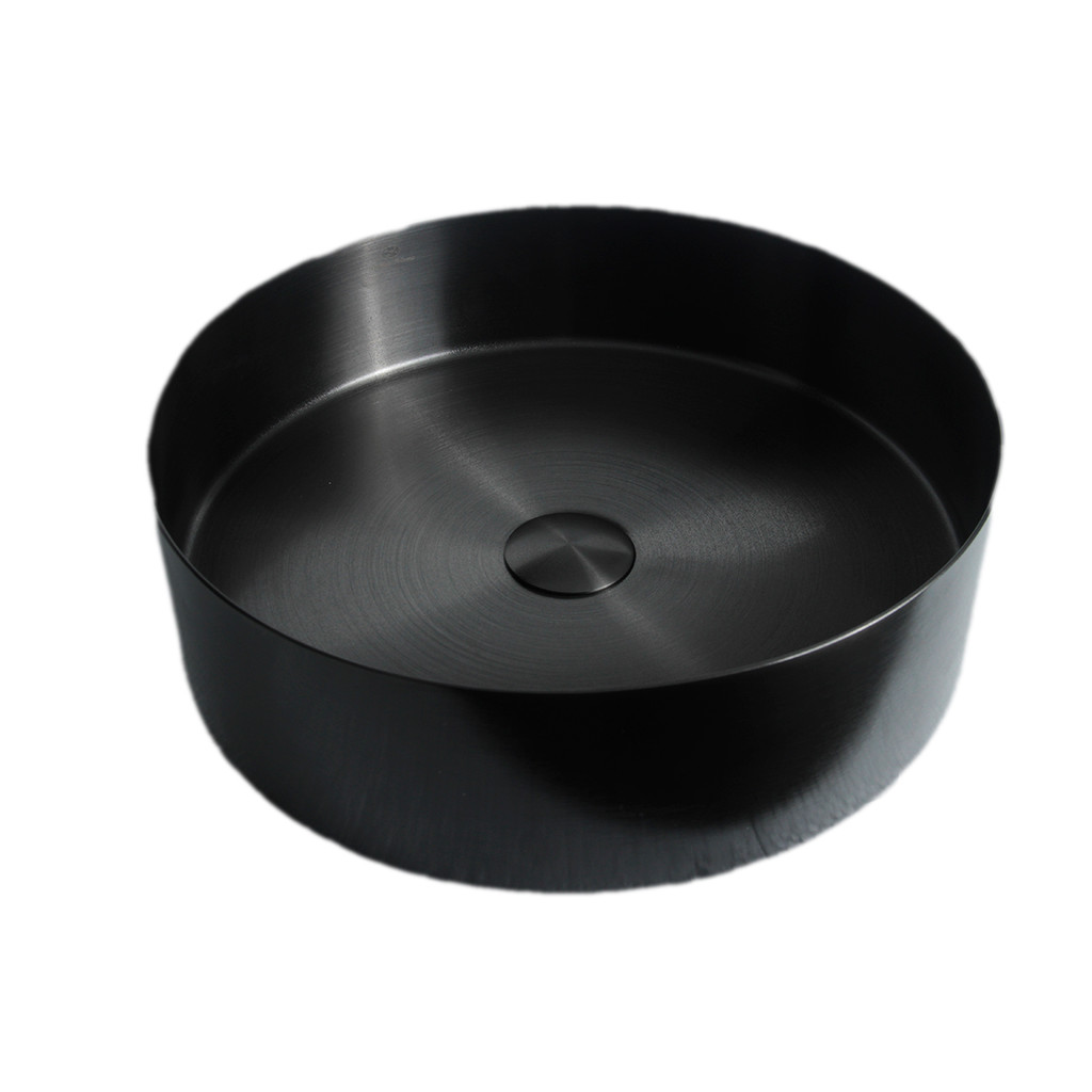 Cuba Banheiro Redonda Sobrepor Preta 40x12cm Aço Inox 304 Válvula Click + Sifão