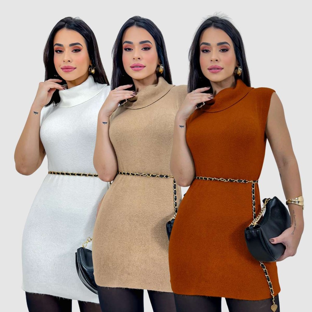 Kit 3 Blusa Regata Tricô Alongada Vestido Gola Alta Moda Social