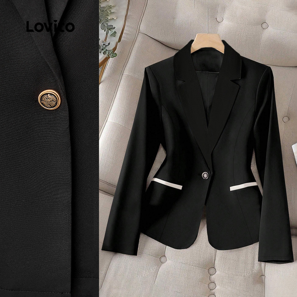 Lovito Blazer elegante de Metal com bolso Colorblock liso para mulheres LBL24087 - Women Clothes