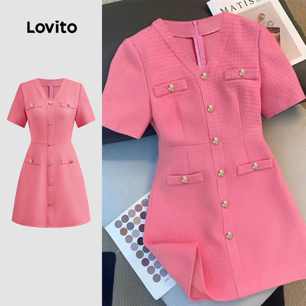 Lovito Vestido elegante com botões lisos para mulheres LBL24123 - Women Clothes