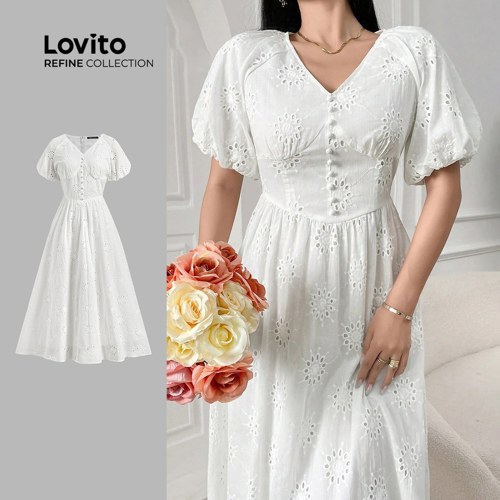(Lovito Refine) Vestido elegante bordado com ilhós lisos para mulheres LR7LD068 - Women Clothes