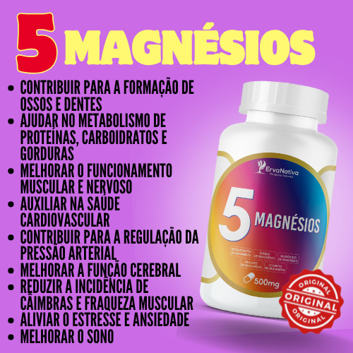 5 Magnésios 500mg | 100 Cáp Erva Nativa | Mag Malato/mag Bisglicinato/clor de mag/hidróxido de mag