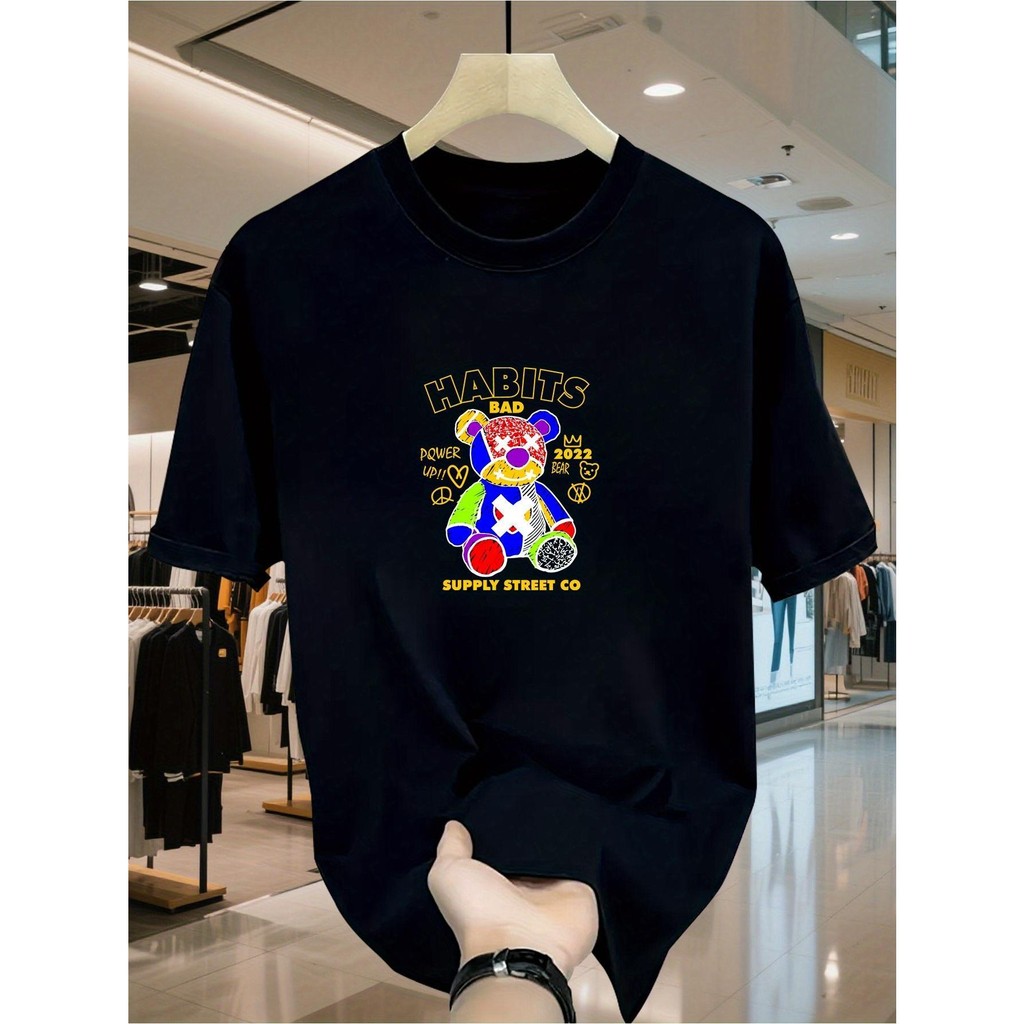 Camiseta masculina de urso preto-casual manga curta topo verão flor temporada bolha máquina topo pescoço casual manga cu