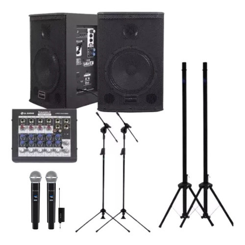 Kit Saga 8 Ativa Passiva Mesa 6 Canais Mic Ls302 Pedestais