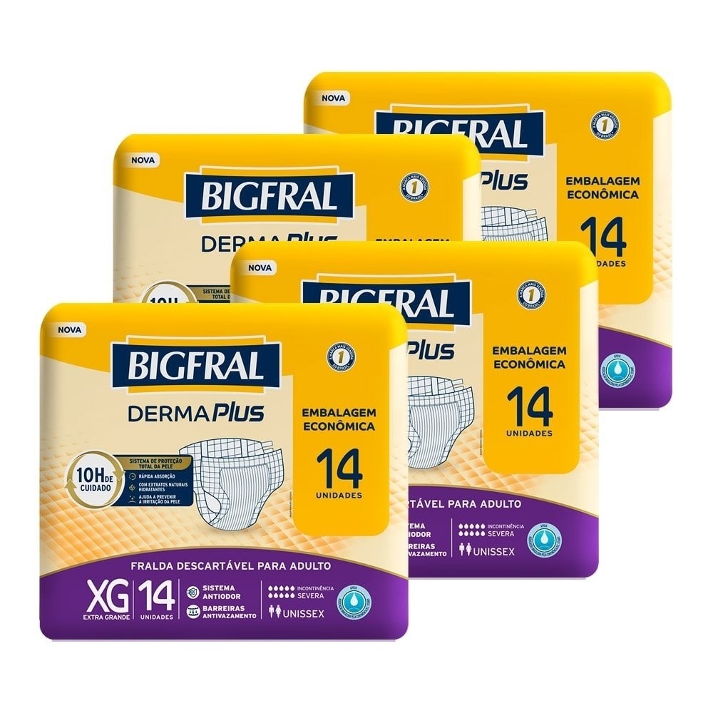 Fralda Geriátrica Bigfral Derma Plus Tamanho XG - 4 Pacotes com 14 Fraldas - Total 56 Tiras - Health