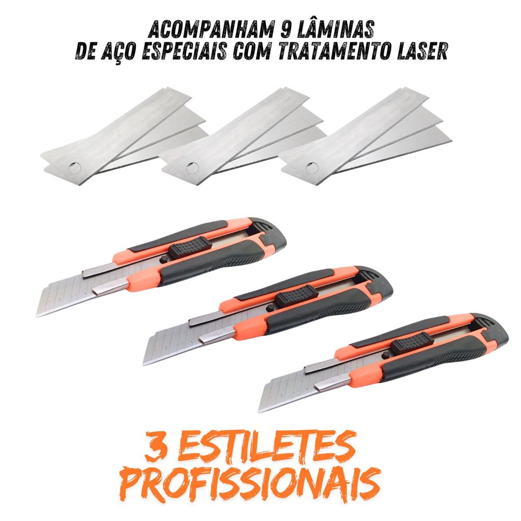 Kit com 3 Estilete Grande Emborrachado profissional Mais 9 Lâminas Largas18mm