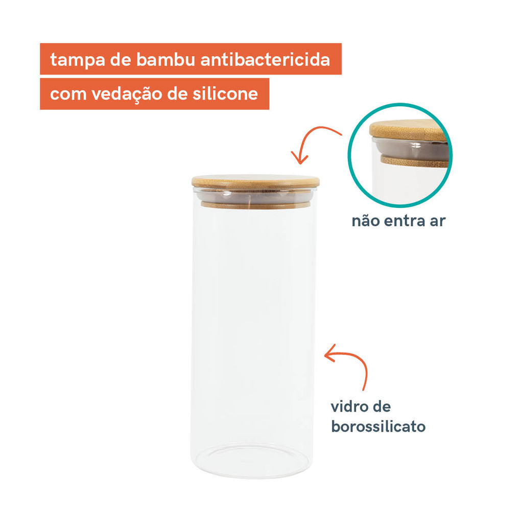 Detalhes do Potes de Vidro P/ Mantimentos C/ Tampa Bambu Oikos - 5 Pçs