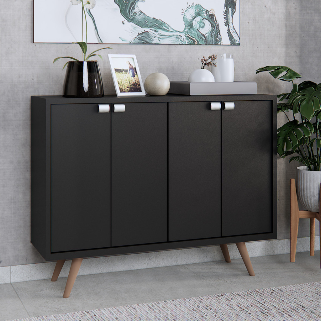 Detalhes do Aparador Buffet 4 Portas c/ Pés Retrô Multiuso Branco/Preto Móveis Bonatto