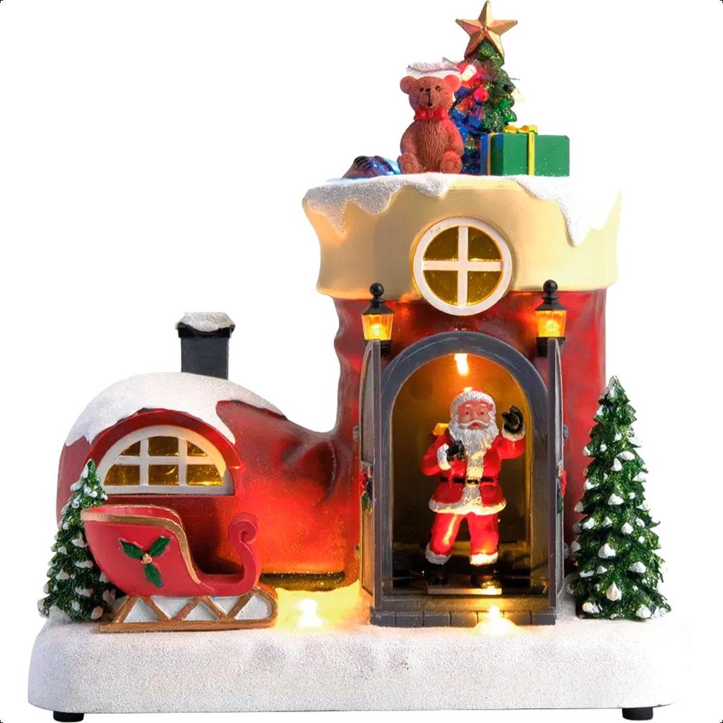Decoração de Natal Luxo Vila Natalina Miniatura Bota do Papai Noel Musical Iluminada com Led