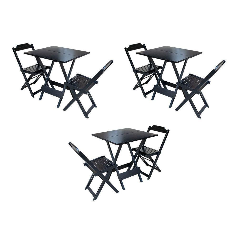 Kit 3 Conjuntos De Mesa Dobravel Com 2 Cadeiras De Madeira 70X70 Para Restaurante E Bar - Preto