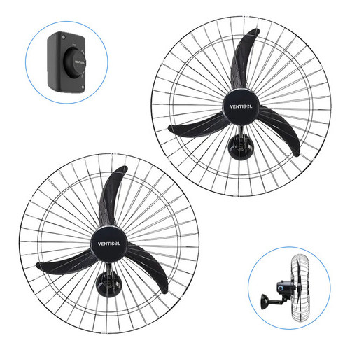 Kit 2 Ventiladores Parede 200W 60cm 3 Pás Preto Bivolt Potente P/ Igreja Academia Lojas - Ventisol em Oferta na Shopee