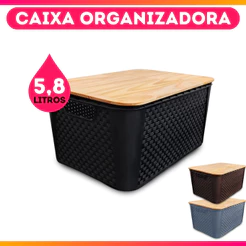 Caixa Cesto Organizador Trama Rattan 5,8 Litros Preta Marrom Cinza Com Tampa de Madeira Pequena