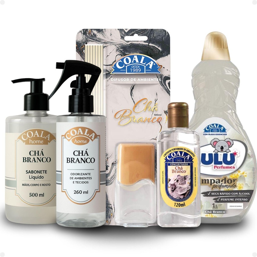 Kit Coala Chá Branco: Sabonete Líquido, Difusor de Aromas, Odorizantes, Limpador perfumado 120ml e Limpador Zulu 500ml