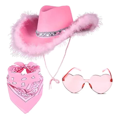 Kit 3un Chapéu Cowboy Rosa Faixa Prata Óculos Coração Lenço Adulto Infantil Country Festa Boiadeira Vaqueira Fantasia