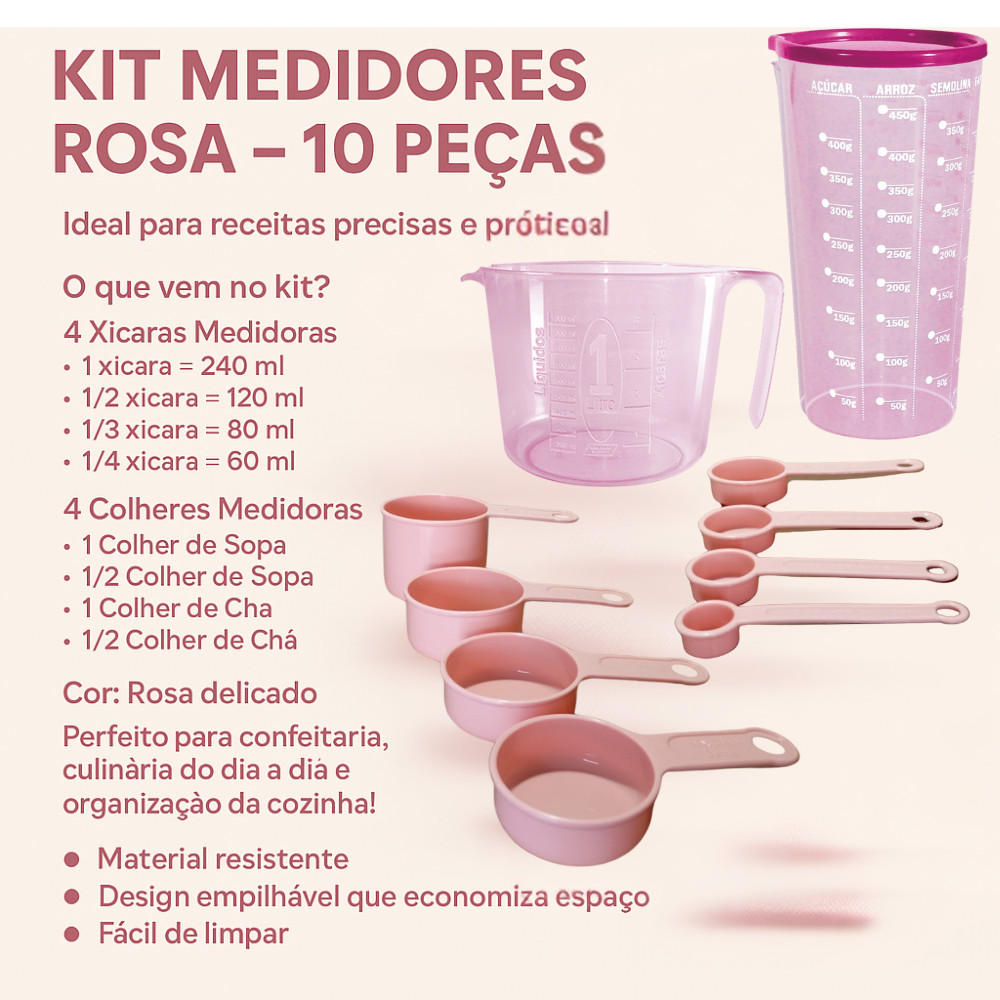 Kit ou Conjunto de 10 Medidores Completos e Funcionais Jarra 1L Copo 500ml com Tampa Xicara e Colher