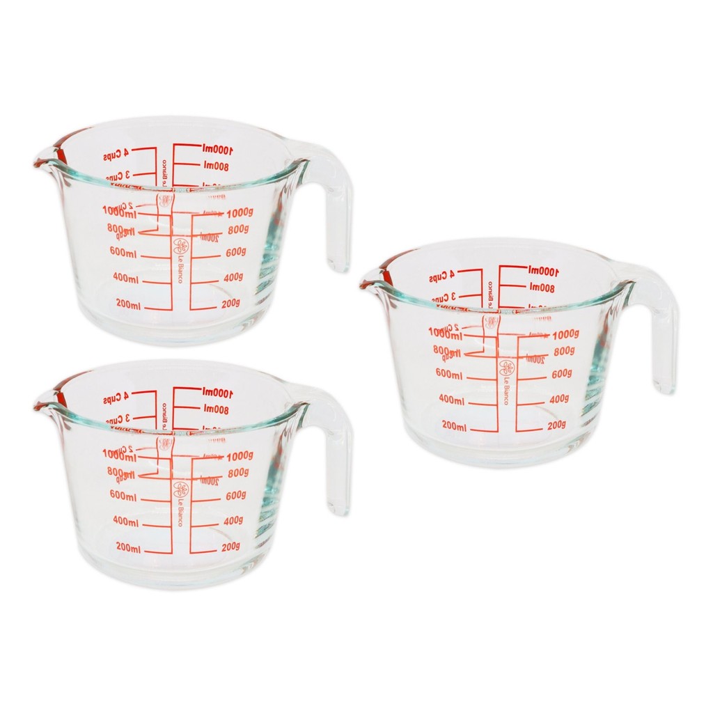 Kit 3 Jarra De Vidro Medidora Graduado 1L Com Alça Bico Temperado Culinária Receita Cozinha