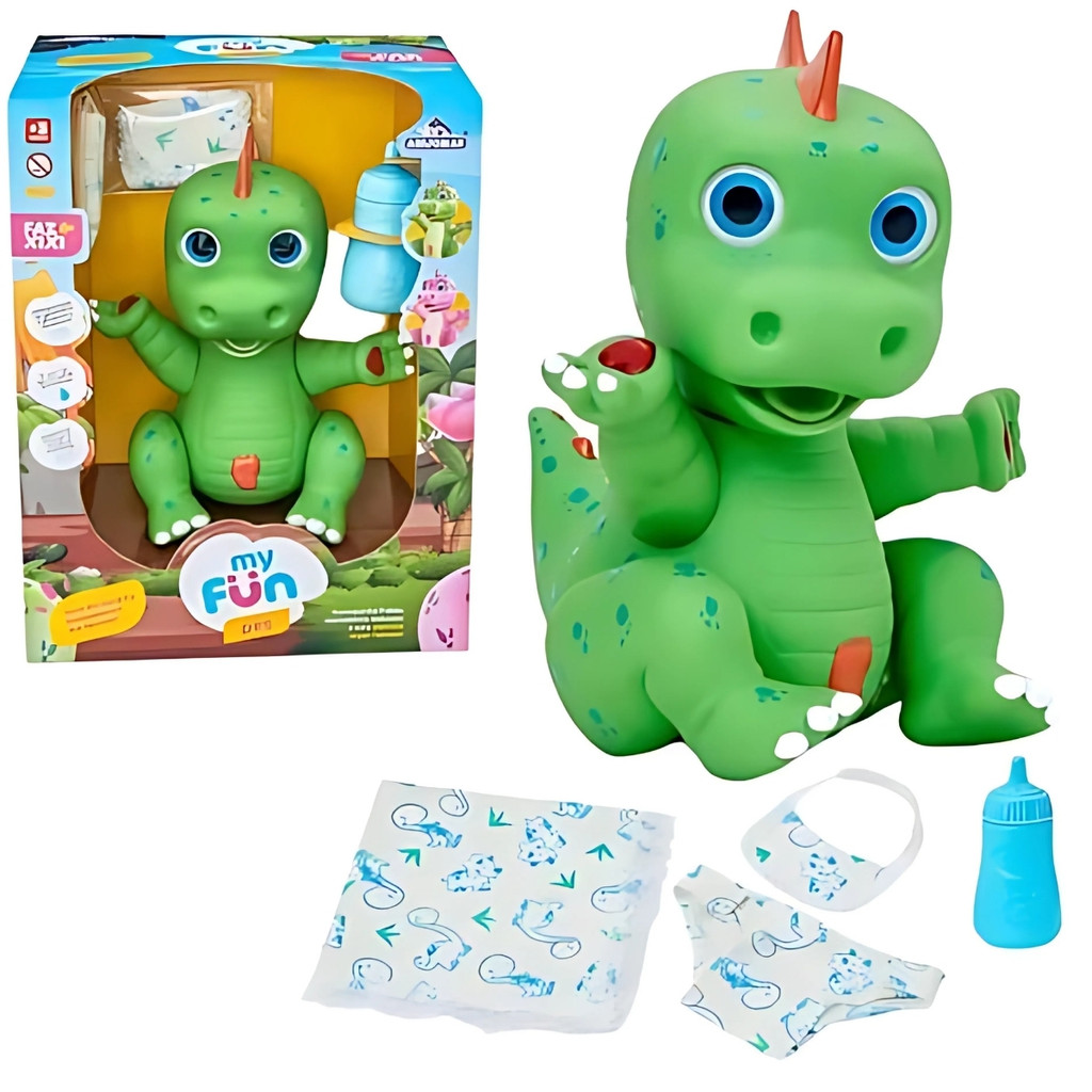 Boneco Dinossauro Faz Xixi Verde Mamadeira Fralda E Babador em Oferta na Shopee