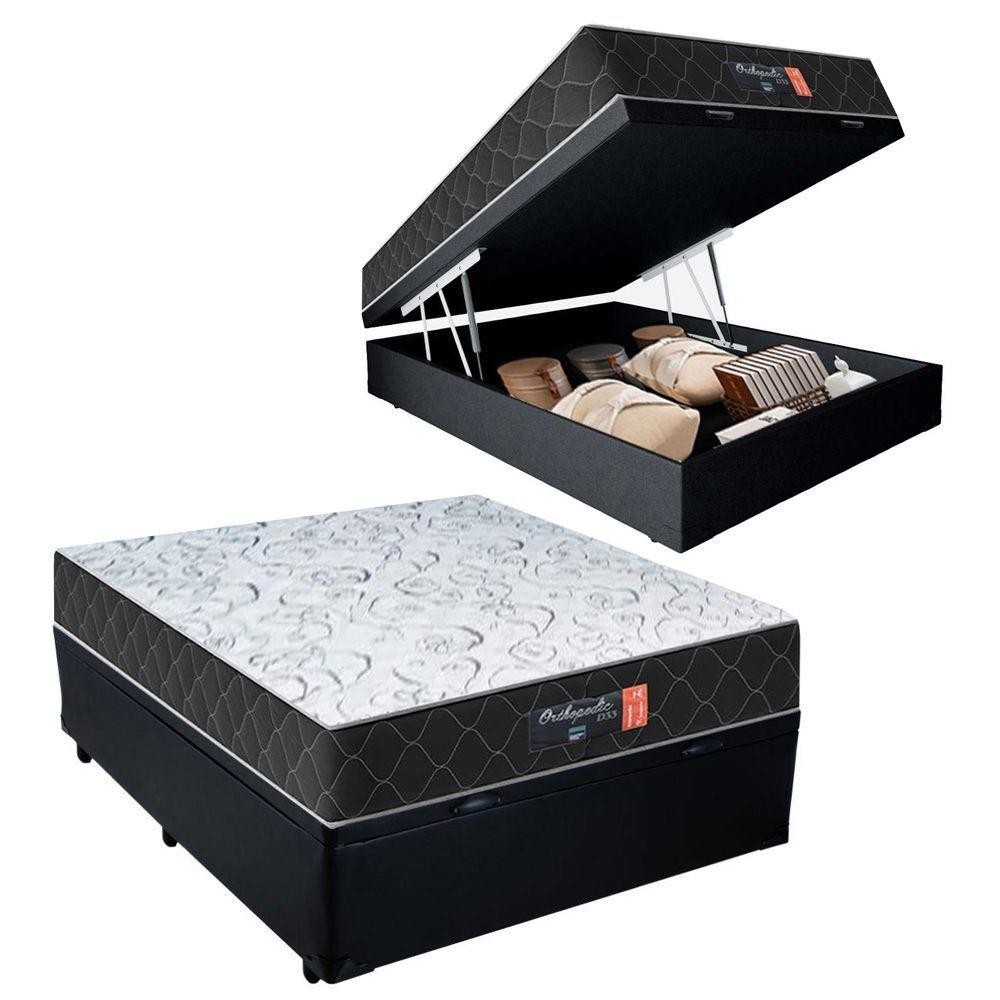 Cama Box Baú Casal + Colchão Semi Ortopédico Extra Firme Espuma D33 Colchões 138x188x72 acabamento com a cor Preto. - Home & Living