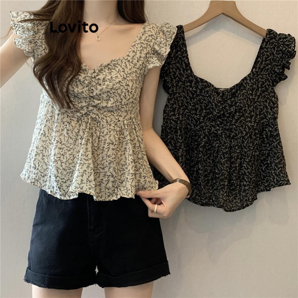 Lovito Linda Blusa Franzida De Verão/Primavera Para Mulheres LNE38098 (Branco/Preto) - Women Clothes