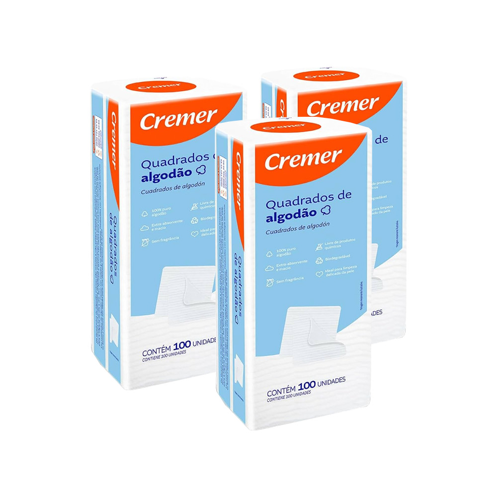 Kit 3 Algodão Quadrado sem Perfume 300 unidades Cremer em Oferta na Shopee