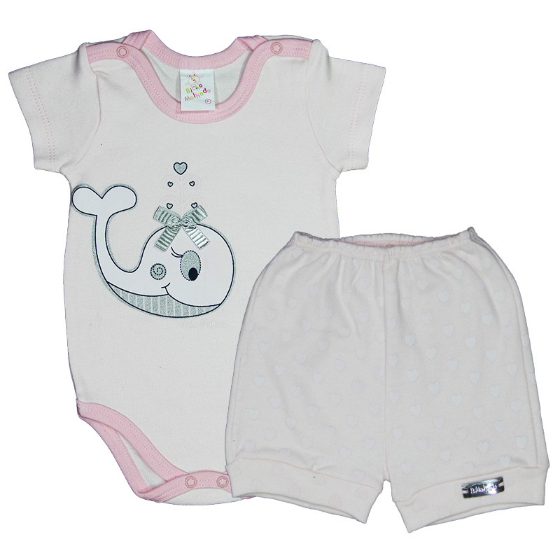 Conjunto Body Canoa Manga Curta  Estampa Baleia Com Laço + Shorts Estampado
