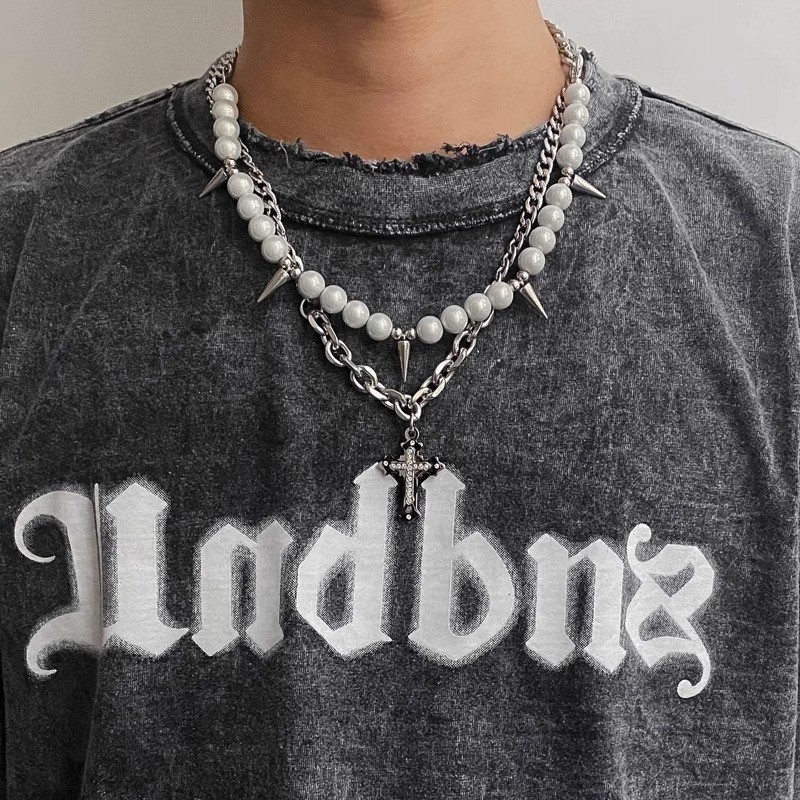 Retro Pérola Emenda Corrente Punk Rebite Corss Pingente Colares Para Homens Hip-hop Jóias Na Moda em Oferta na Shopee
