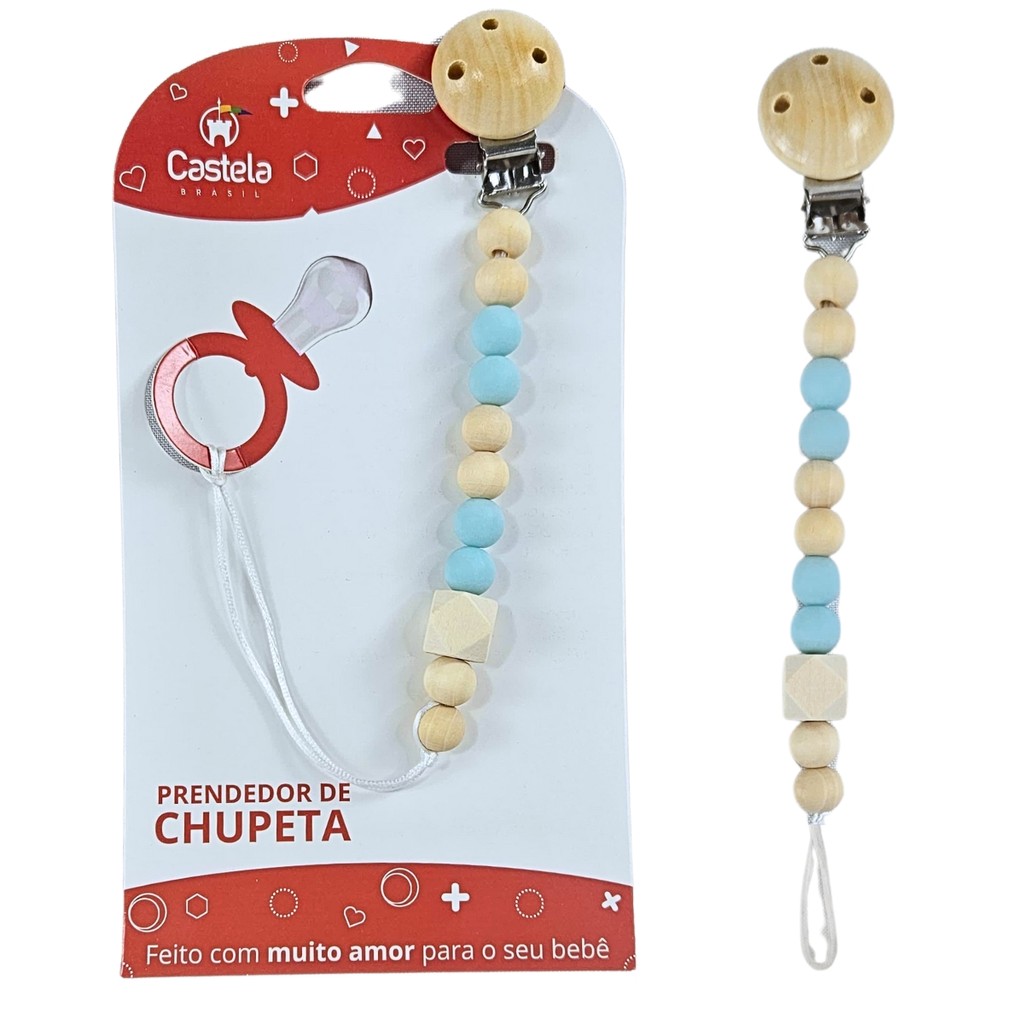 Prendedor de Chupeta Bambu Com Trava Clipe Livre BPA Azul - Castela - Mom & Baby