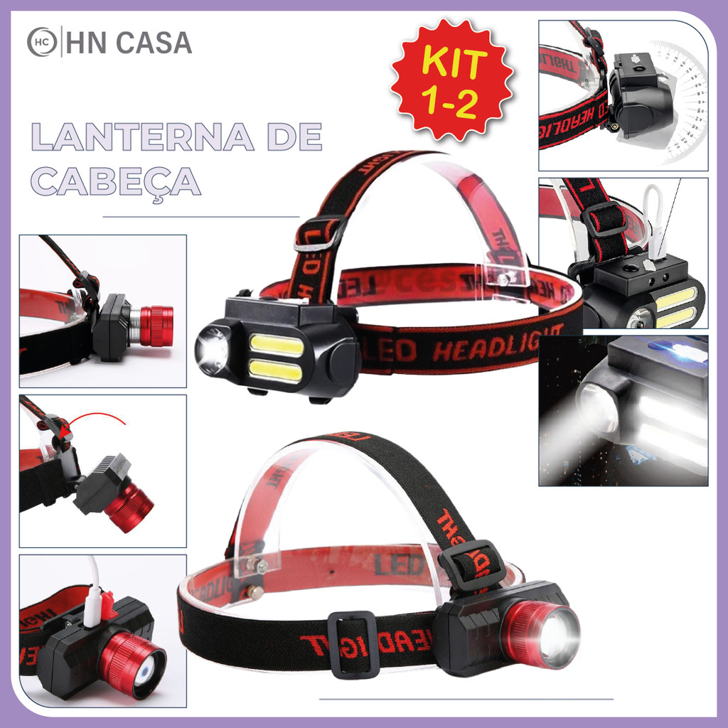 Lanterna Cabeça Led Turbo com Ajuste Angular 2 Modelos Lite e Pro Recarregável USB