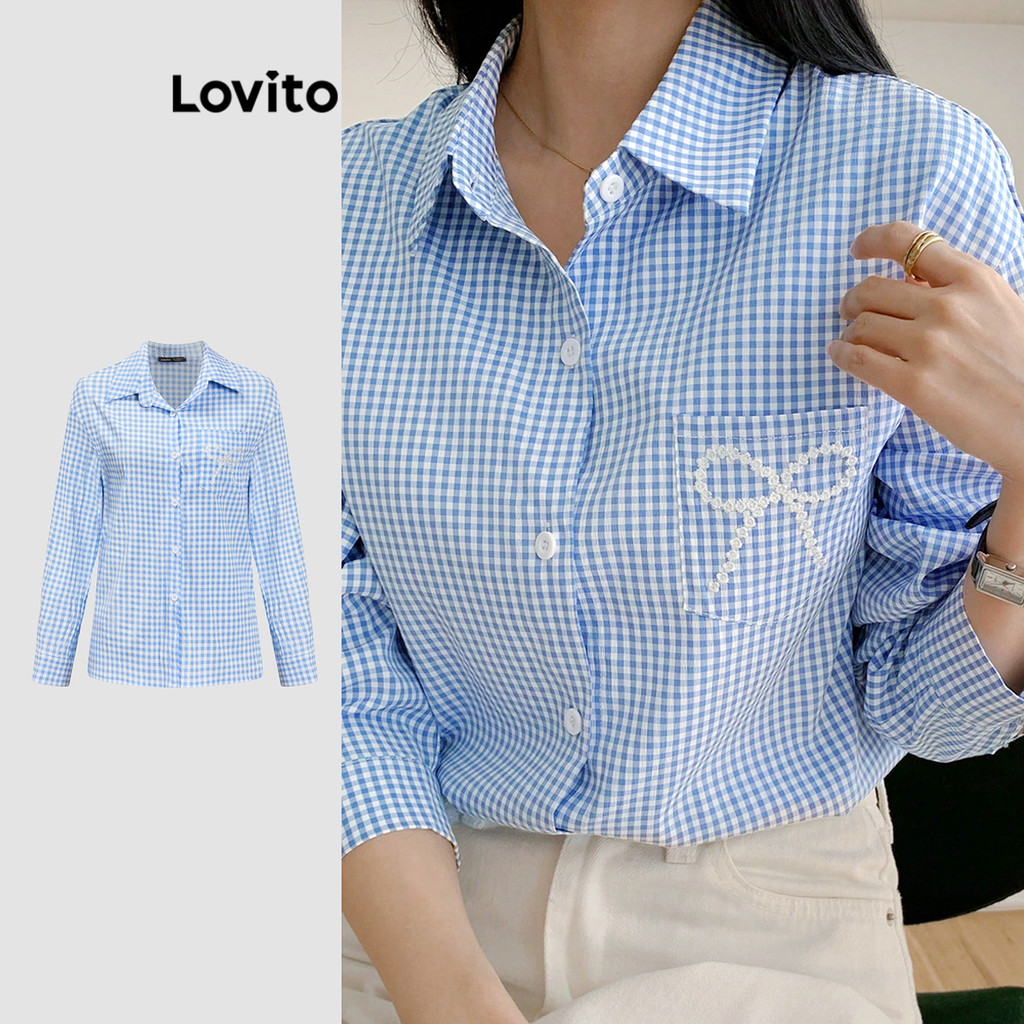 Lovito Blusa casual com laço xadrez para mulheres L108ED1261 - Women Clothes