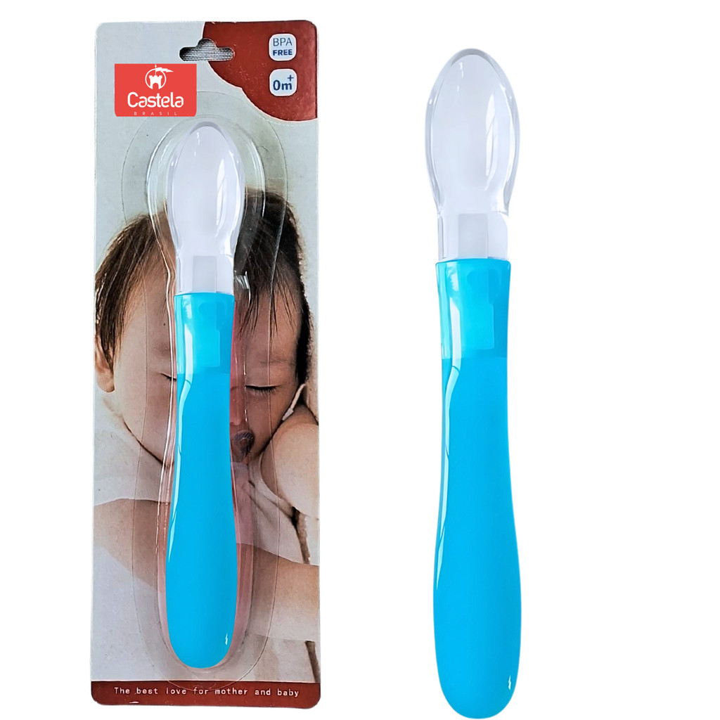 Colher Infantil Anatômica Papinha Azul Bebê Silicone - Castela em Oferta na Shopee