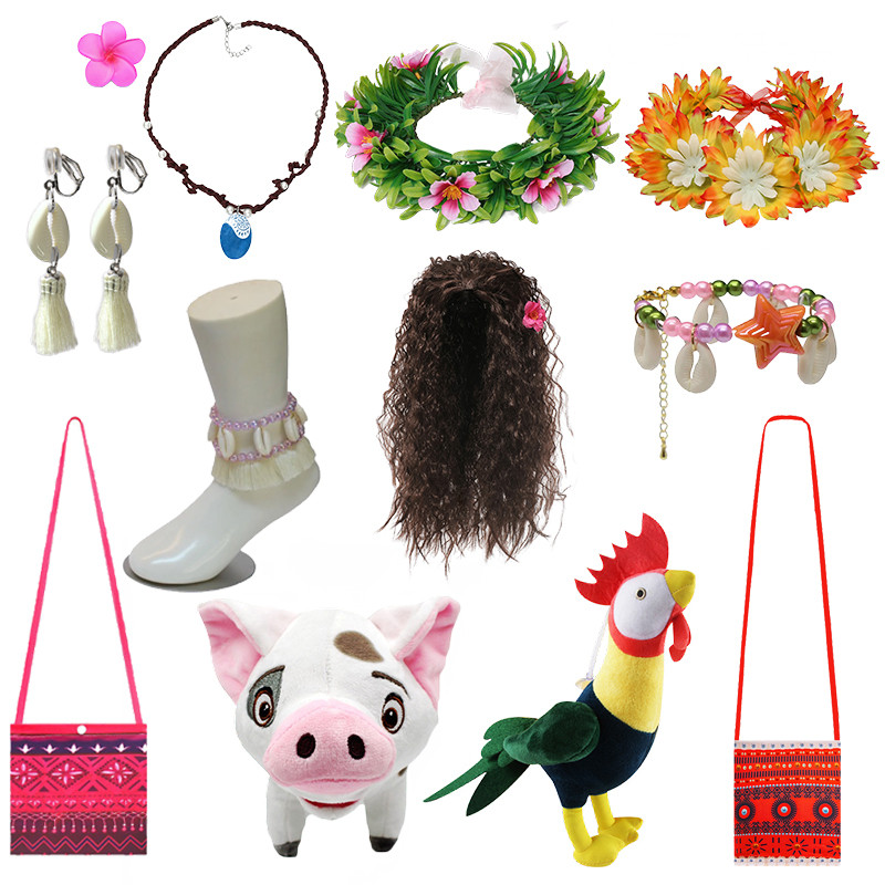 Bebê Meninas Moana 1 E 2 Peruca Colar Clipe De Flor Conjunto De Vestir Carnaval Vaiana Acessórios De Fantasia Animal De