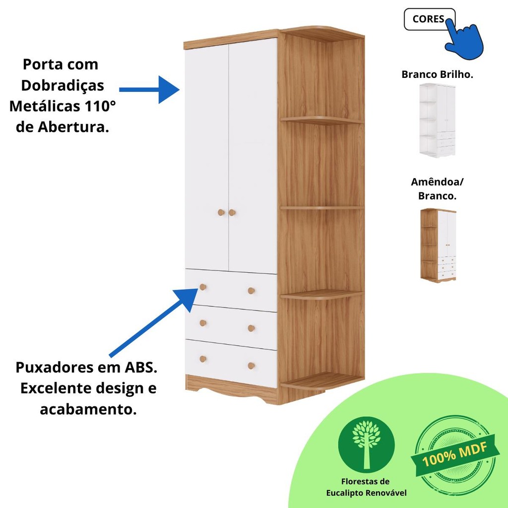 Detalhes do Guarda Roupa Infantil Smim 2 Portas 3 Gavetas com Prateleira 100% MFD Faura