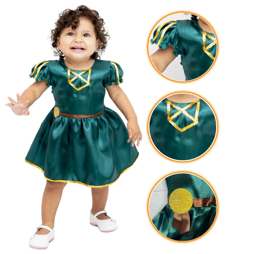 Fantasia Valente infantil com bory verde e detalhes dourados para festa ou mesversário