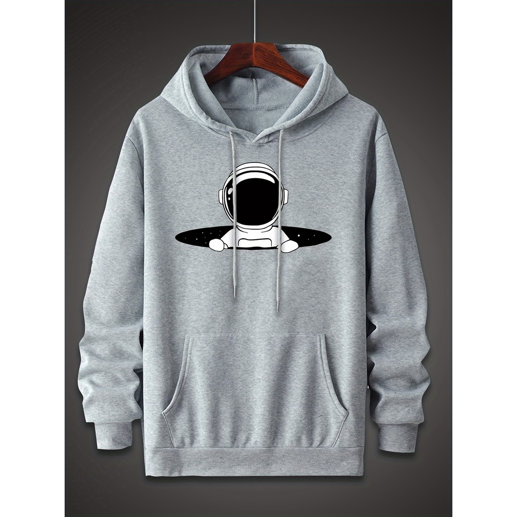 Men's Trendy Hooded Sweatshirt with Unique Astronaut Print - Casual Pullover with Kangaroo Pocket, Polyester Blend