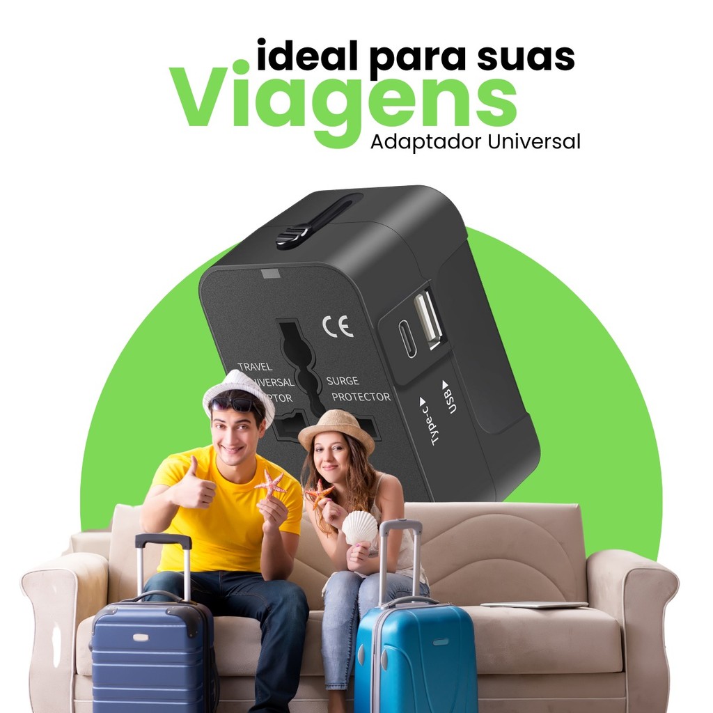 Detalhes do Adaptador Tomada Universal 2 Usb C Carrega Rápido Viagem Internacional Ferias Uk Eua Europa Asia