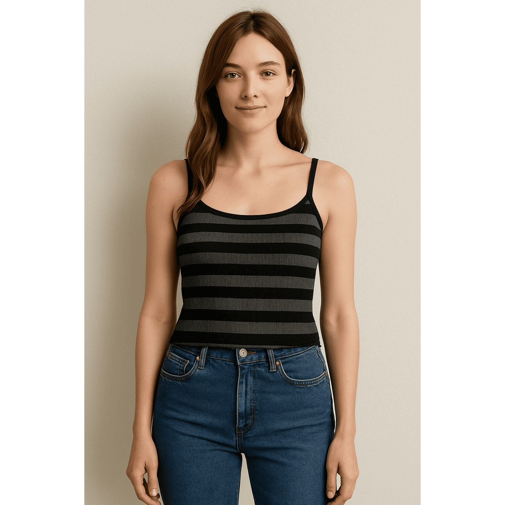 Blusa feminina tecido canelado listrada alça regata elegante