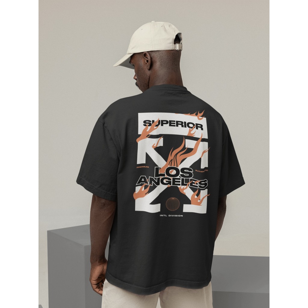 Camisa Camiseta Oversized Streetwear Masculino Urbano Treino Preto e Off Whte Estampado - LOS ANGELES