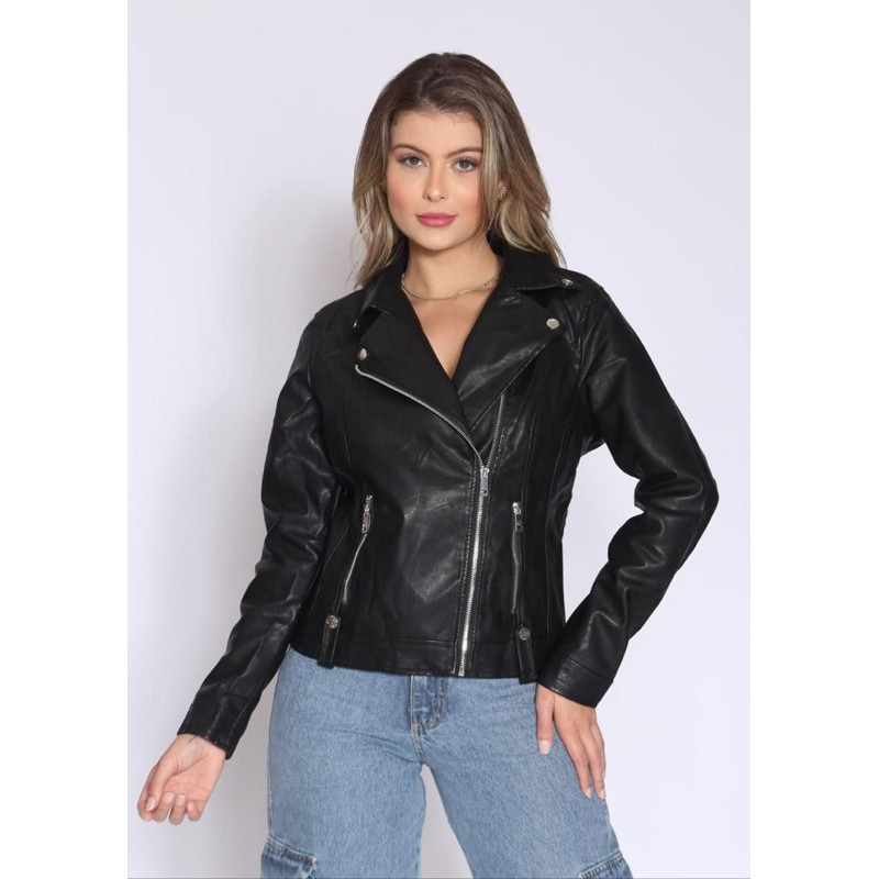 Jaqueta de Couro Feminina Casual Preta Elegante Slim Moderna Moda Luxo mais vendido