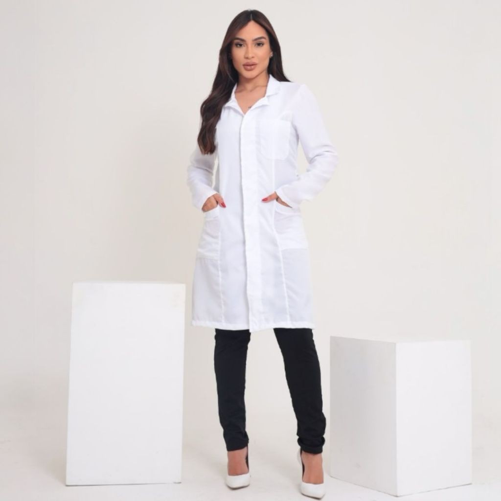 Jaleco Feminino Oxford Branco Botão Gola Blazer Acinturado Manga Longa Dentista Médica Enfermeira